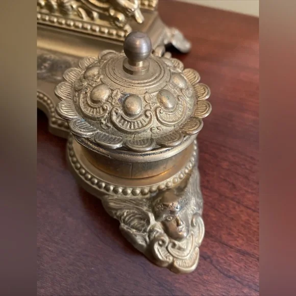 Vintage Solid Brass Cherub Letter Holder Inkwell Grand Decorative Desk Accessory - Picture 5 of 12